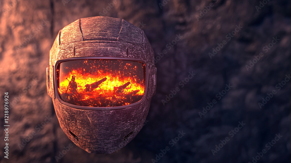 custom made wallpaper toronto digitalAncient warrior helmet with fiery landscape reflection, evoking sense of battle and history. smoke adds dramatic atmosphere to scene