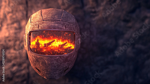 Wallpaper Mural Ancient warrior helmet with fiery landscape reflection, evoking sense of battle and history. smoke adds dramatic atmosphere to scene Torontodigital.ca