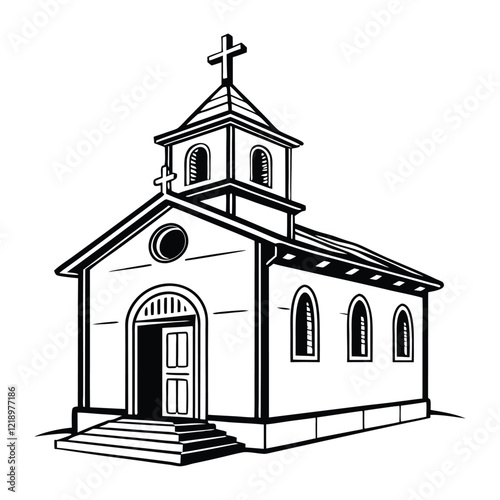 A stylized, black and white vector illustration of a charming church perched atop a grassy hill