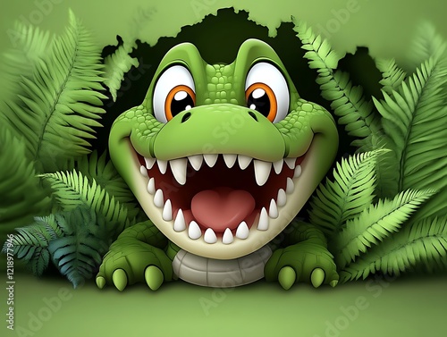 Playful Baby Alligator Peeking from Lush Green Foliage: A Cheerful Cartoon Illustration