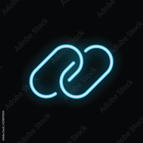 Bright neon blue hyperlink symbol glowing on a black background