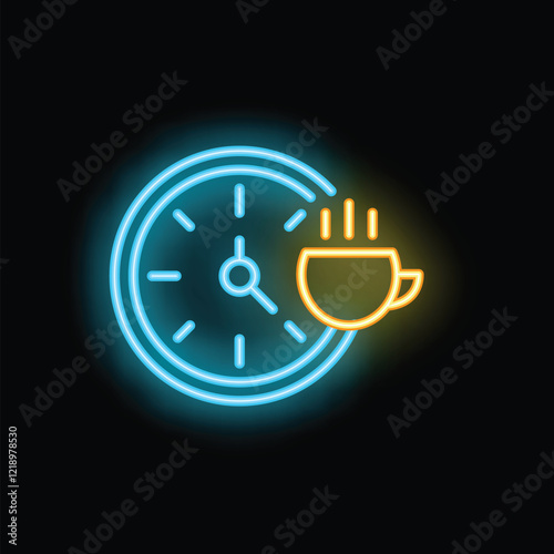 Neon icon of a clock showing coffee break time with a steaming cup of coffee next to it