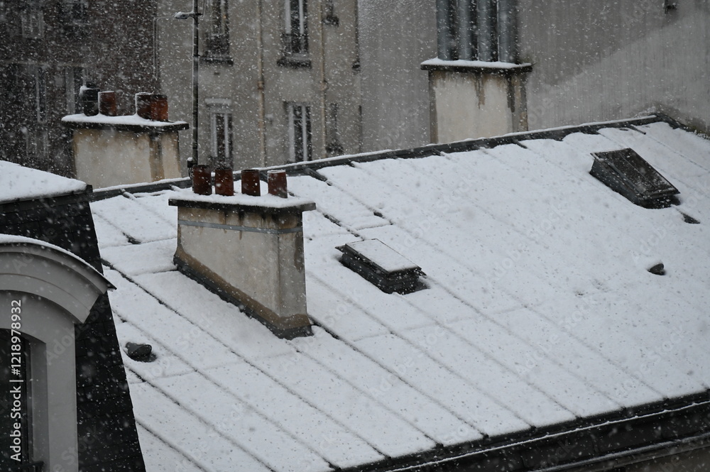 Obraz premium Cheminée toits parisiens neige