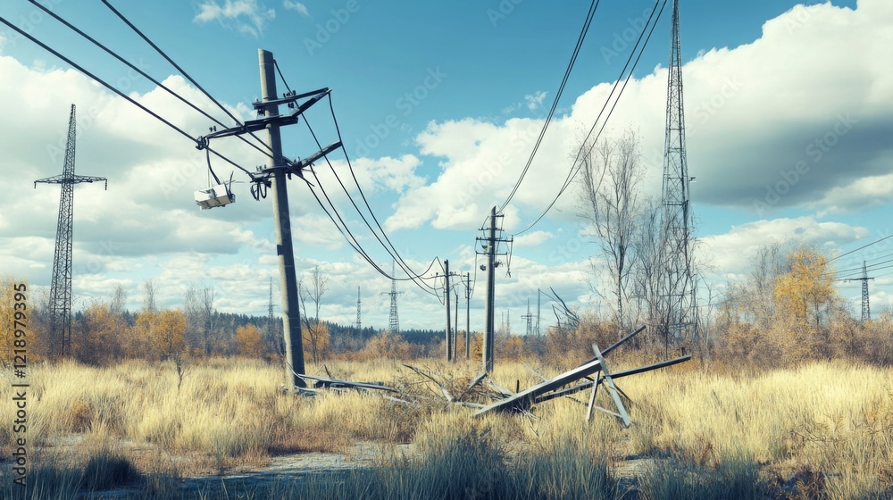 Fototapeta premium Storm damage to power lines disrupts electricity supply, highlighting the vulnerability of infrastructure during extreme weather conditions and the importance of resilience in modern society.
