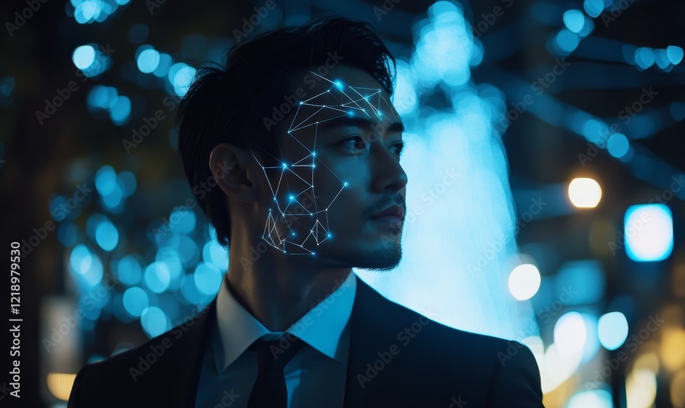 Businessman Leveraging AI and Digital Wireframe for Global Network Strategy in Smart City at Night, Generative AI Businessman Leveraging AI and Digital Wireframe for Global Network Strategy in Smart City at Night, Generative AI