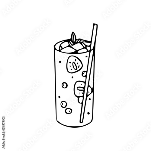 a black and white drawing of a fresh fruity drink