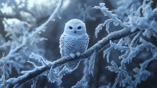 A beautiful snowy owl perched on a frosty branch. The serene winter scene captures the delicate beauty of nature, showcasing ice crystals that glisten in soft winter light. photo