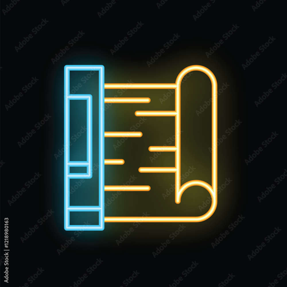 Glowing neon icon representing a spirit level next to a roll of wallpaper, perfect for illustrating diy and home improvement Glowing neon icon representing a spirit level next to a roll of wallpaper, perfect for illustrating diy and home improvement