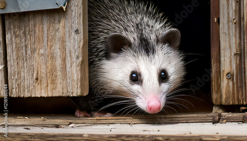 Adorable opossum peeking from rustic wooden structure.  Close-up shot, perfect for nature, wildlife, and environmental themes. Ideal for websites, blogs, or educational materials.