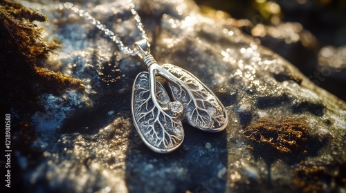 Detailed silver lung pendant on textured stone altar, illuminated by soft ethereal light photo