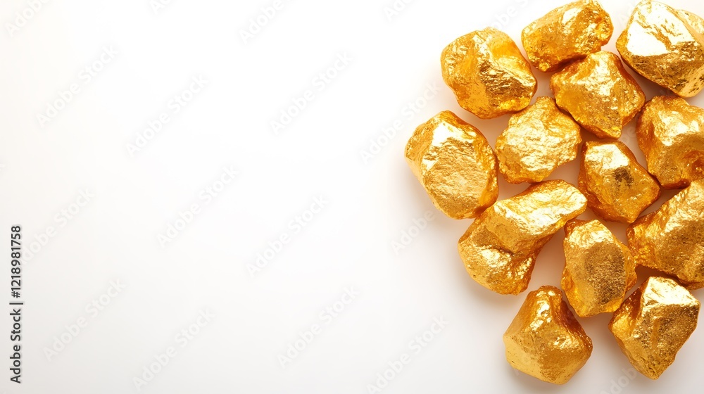 Golden nuggets displayed against pristine white background showcase metallic brilliance and natural rough texture, highlighting luxury and precious mineral qualities in minimalist studio setting. Golden nuggets displayed against pristine white background showcase metallic brilliance and natural rough texture, highlighting luxury and precious mineral qualities in minimalist studio setting.