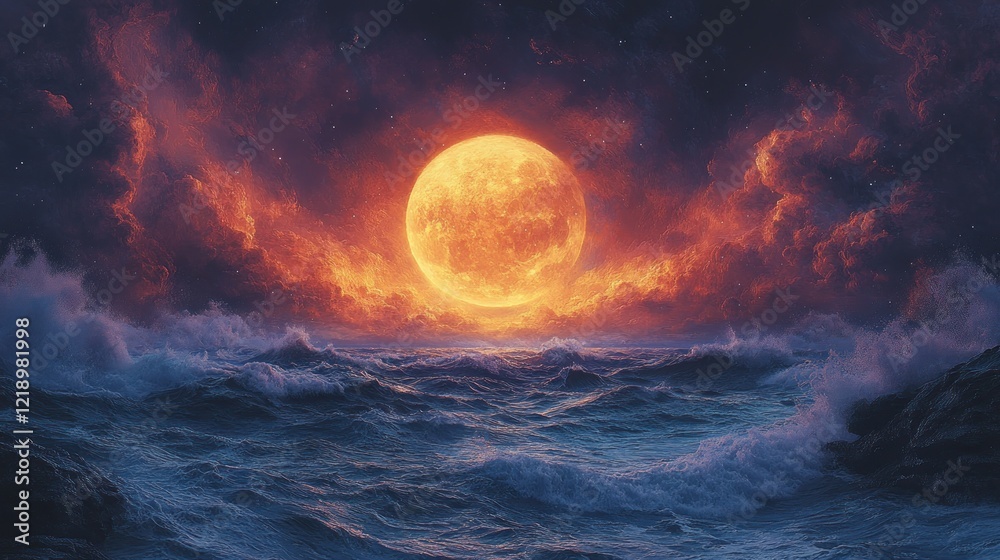 Fototapeta premium Dramatic Sunset Over Ocean Waves at Dusk