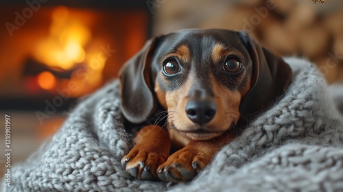 A dachshund sitting comfortably in a cozy blanket by a fireplace