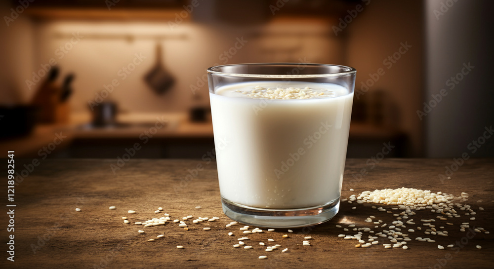 glass of milk with sesame seeds on a rustic table in a cozy kitchen setting glass of milk with sesame seeds on a rustic table in a cozy kitchen setting