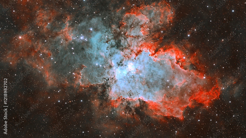 Fototapeta premium Cosmic Nebula Red and Teal Emission Nebula in Space. Background stars, galactic, astronomy image