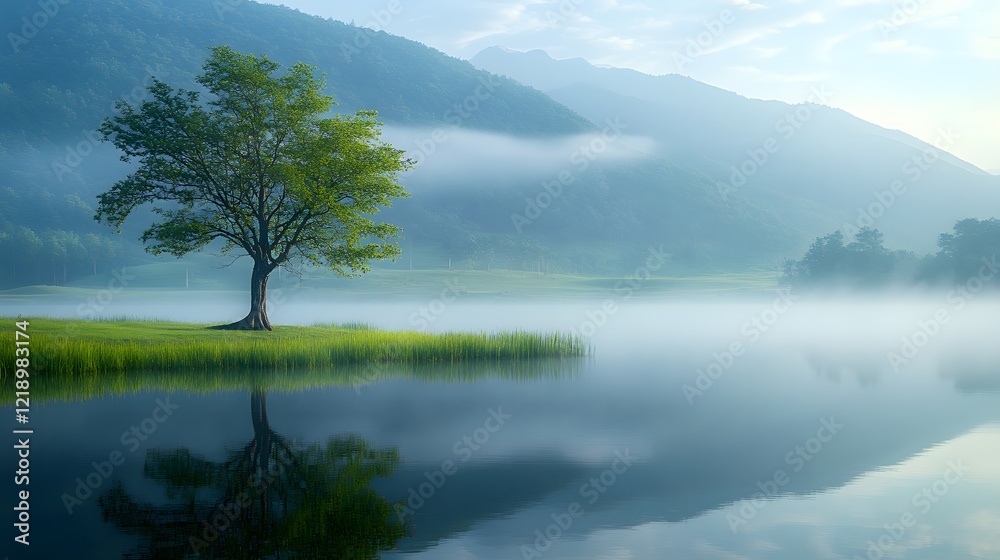 Serene landscape captures solitary tree reflected in still lake waters, surrounded by misty mountains and lush grass during ethereal sunrise with panoramic vista.