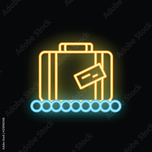 Neon sign of a suitcase on a luggage conveyor belt, illustrating the concept of travel and tourism