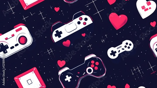 Romantic gaming pattern; controllers, hearts, stars; dark background; ideal for Valentine's Day, gaming websites, or social media