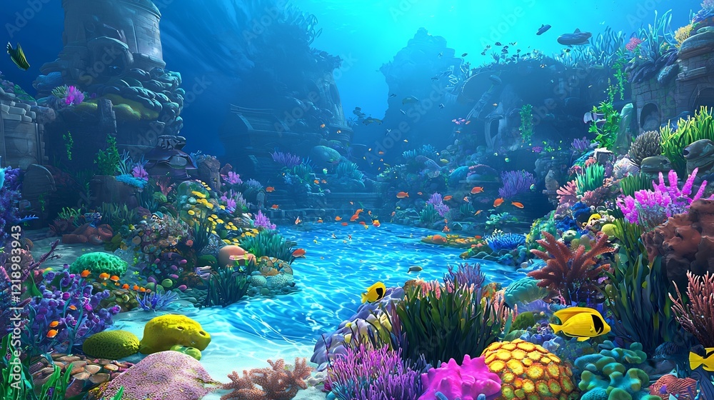 Fototapeta premium Vibrant coral reef underwater scene; fish swim amidst colorful coral; background shows ancient ruins; ideal for marine life documentaries