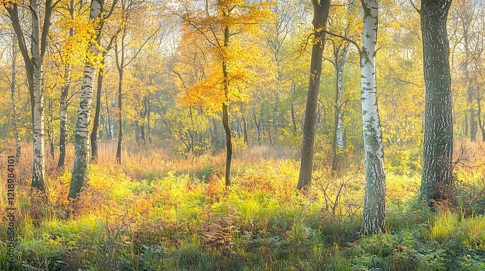 Golden Autumn Forest Sunlight Birch Trees Landscape Golden Autumn Forest Sunlight Birch Trees Landscape