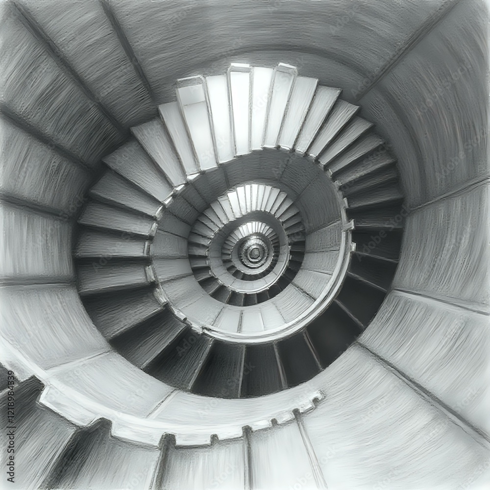 Fototapeta premium The image is a black and white photo of a spiral staircase with a repeating pattern of steps leading up to a central point.