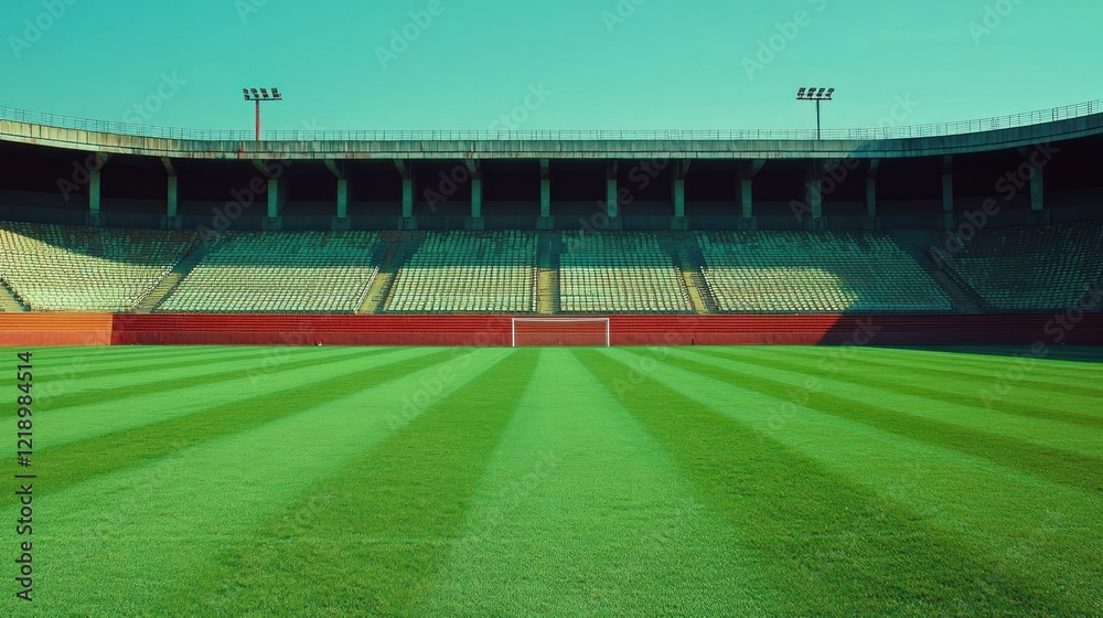 Obraz premium Empty Stadium, Green Field, Daytime, Classic Stadium Architecture