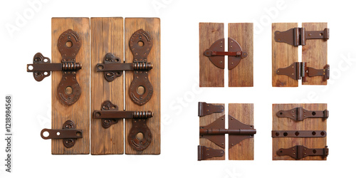 Wooden Hinges and Latches for Rustic Decor, PNG collection, set bundle, isolate on transparent or white background