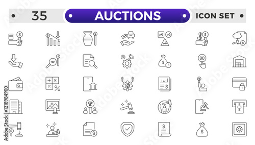 Auction outline icon hammer sell document judge illustration price deal. Bid auction vector tender justice sale commercial concept.