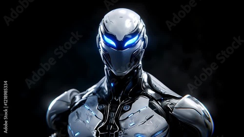 A sleek humanoid robot with glowing blue eyes and intricate metallic design, set against a dark background, symbolizing advanced technology and artificial intelligence.