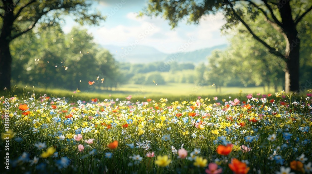 Vibrant wildflower meadow in bloom under a clear blue sky with majestic trees Vibrant wildflower meadow in bloom under a clear blue sky with majestic trees