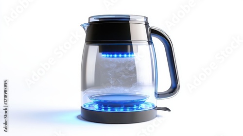 A stylish electric kettle with a glass body and blue LED lights on a white isolated background