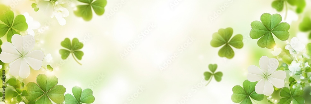 A soft, light abstract background featuring green and white clovers with a gentle, blurred effect and ample copy space A soft, light abstract background featuring green and white clovers with a gentle, blurred effect and ample copy space