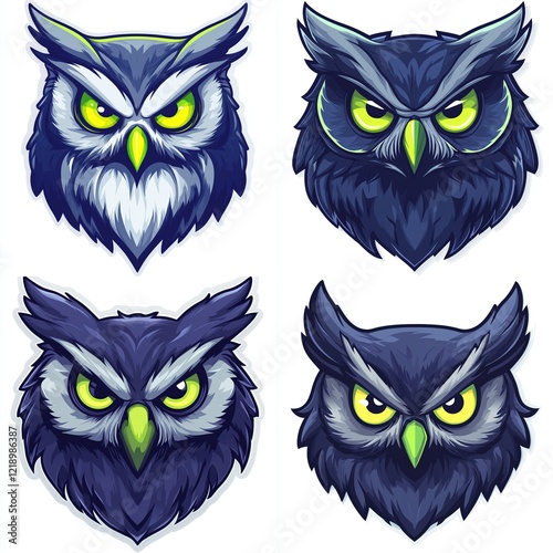 Four stylized owl head illustrations. (1) photo