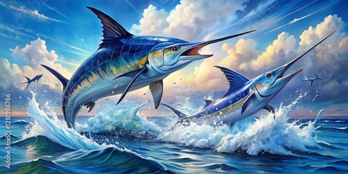 Majestic Blue Marlin & Swordfish Leap: Watercolor Ocean Art