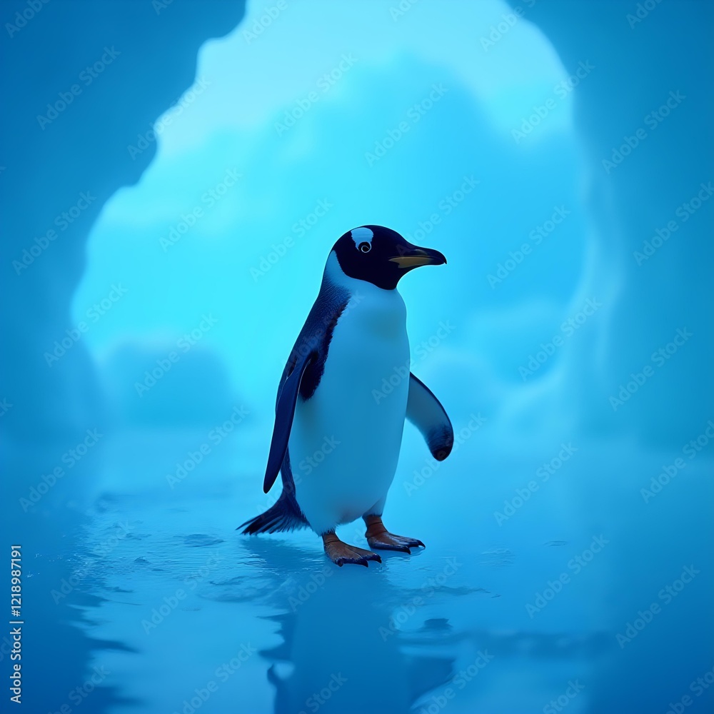 Fototapeta premium A digital illustration showcases a penguin standing on ice with a soft blue hue and water reflections in the background.