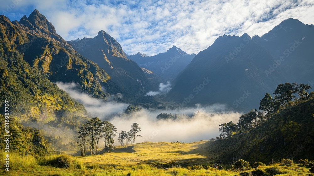 Fototapeta premium Misty Mountain Valley Sunrise