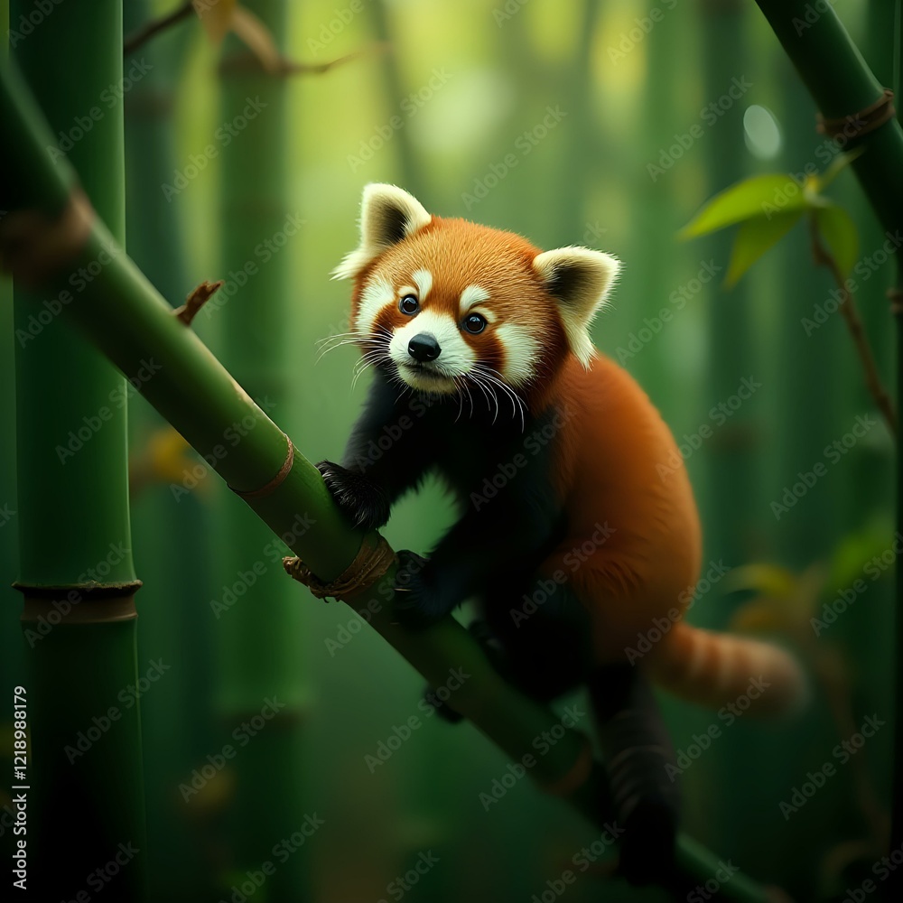 A red panda is perched on a bamboo branch, surrounded by blurred greenery, giving the image a sense of depth and a natural, wild atmosphere. A red panda is perched on a bamboo branch, surrounded by blurred greenery, giving the image a sense of depth and a natural, wild atmosphere.