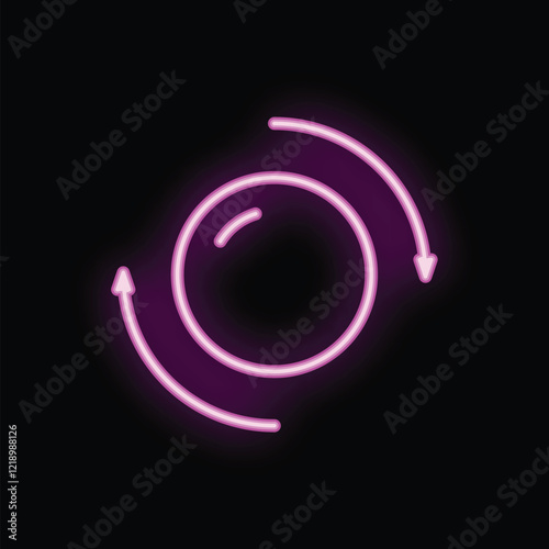 Neon pink circle with arrows rotating clockwise on a black background