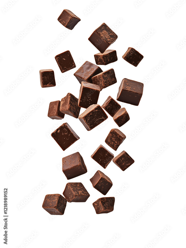 Fototapeta premium Delicious Dark Chocolate Cubes Falling, Sweet Treat Dessert for Food Photography, Transparent Background, AI Generated Images