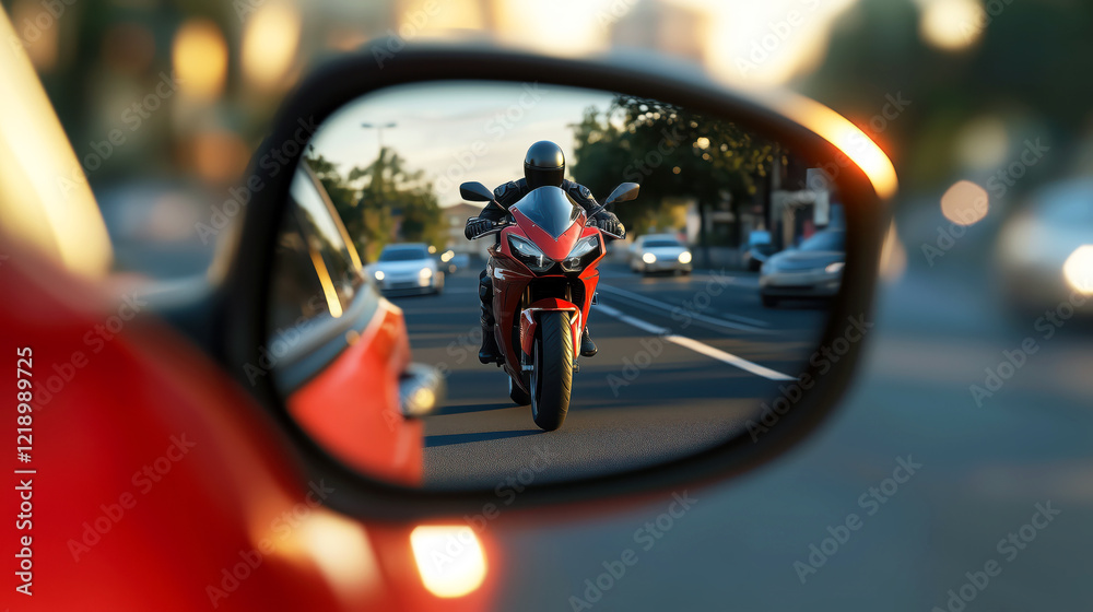 Side Mirror Reflecting Fast-Approaching Motorcycle in Blind Spot, Driving Hazard Concept