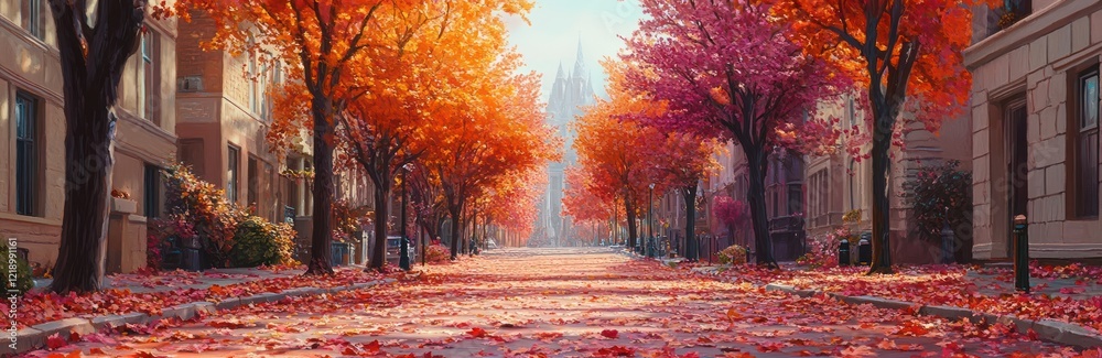 Fototapeta premium Autumnal City Street Scene With Colorful Trees and Falling Leaves