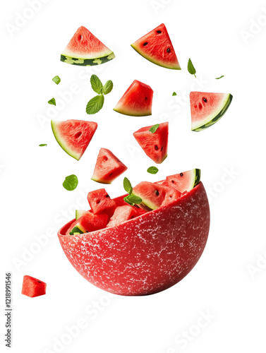 Juicy Watermelon Slices Falling into Bowl, Summer Fruit for Refreshing Food Photography, Transparent Background, AI Generated Images photo