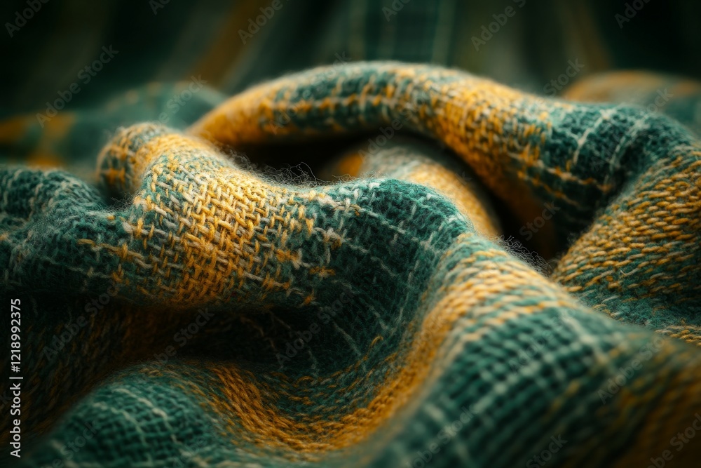 Close-up macro texture of a green and yellow plaid fabric, showcasing its woven patterns and soft folds Close-up macro texture of a green and yellow plaid fabric, showcasing its woven patterns and soft folds