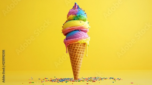 Colorful Ice Cream Cone with Rainbow Swirls on Bright Yellow Background