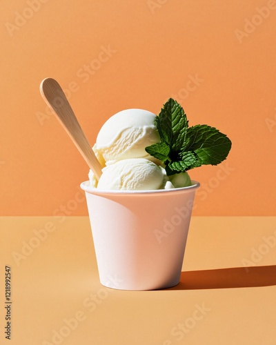 Creamy vanilla ice cream with mint leaves in a white cup