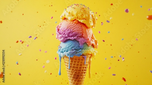 Colorful Ice Cream Cone with Sprinkles Against Bright Yellow Background