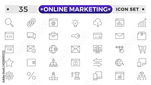 Online marketing and SEO outline icons set. Marketing & Search Engine Optimization outline icons collection. Website, search, mail, analysis, content, strategy, development, store.