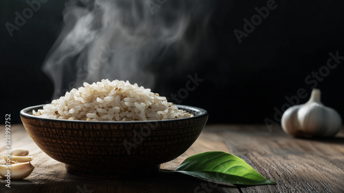 rice in a bowl, steaming hot and freshly made, on a wooden table with a dark background. photo