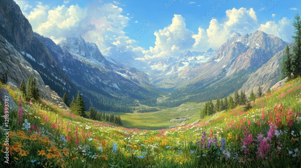 Alpine Meadow Panorama: A Serene Mountain Valley in Bloom