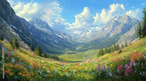 Obraz na płótnie Alpine Meadow Panorama: A Serene Mountain Valley in Bloom w salonie